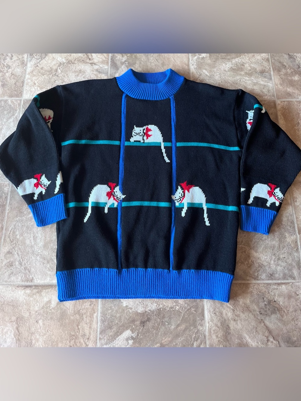 Vintage 90s Black Cat Graphic Knit Sweater Mock Neck Colorblock Grandmacore S/M